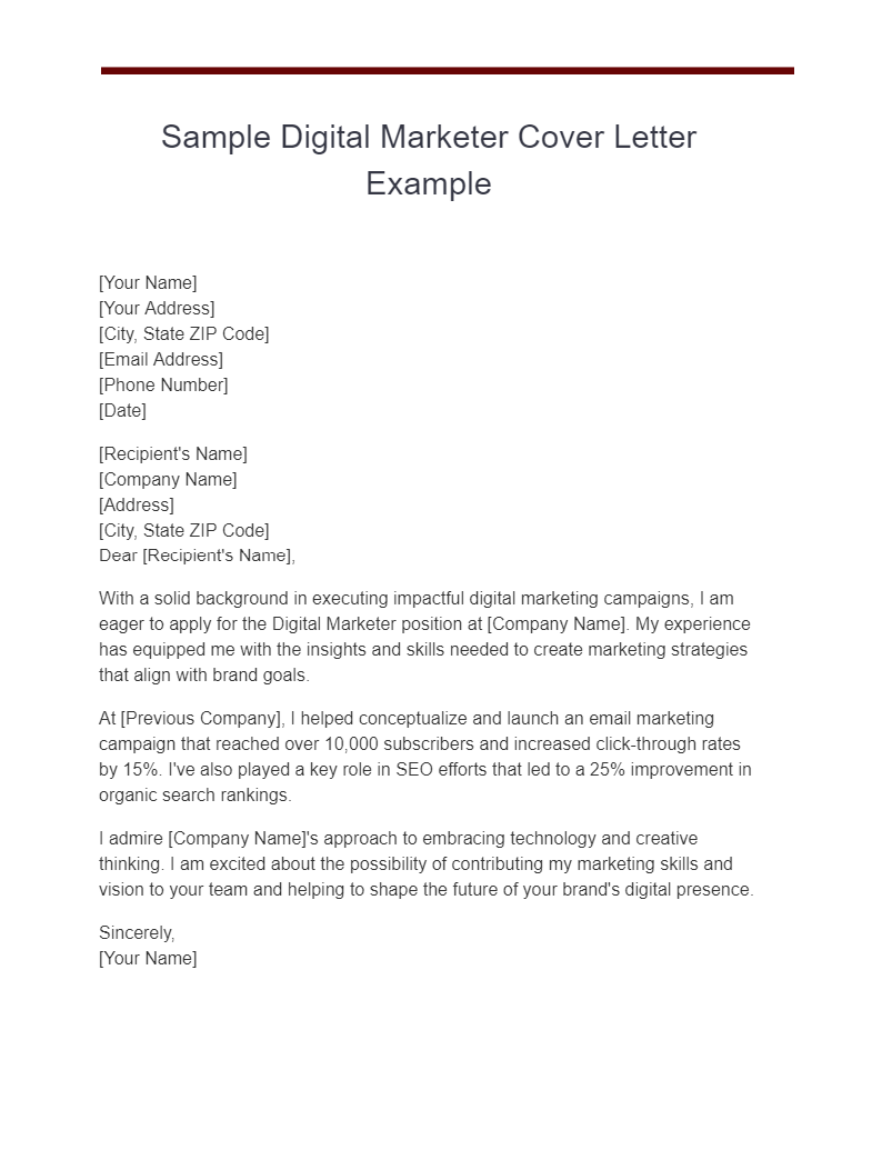 Sample Digital Marketer Cover Letter Example