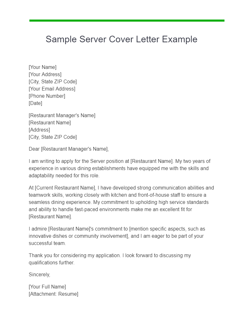 Sample Server Cover Letter Example