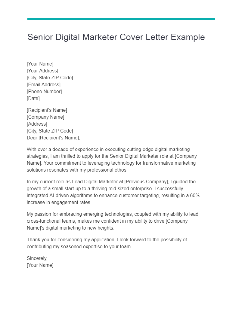 Senior Digital Marketer Cover Letter Example