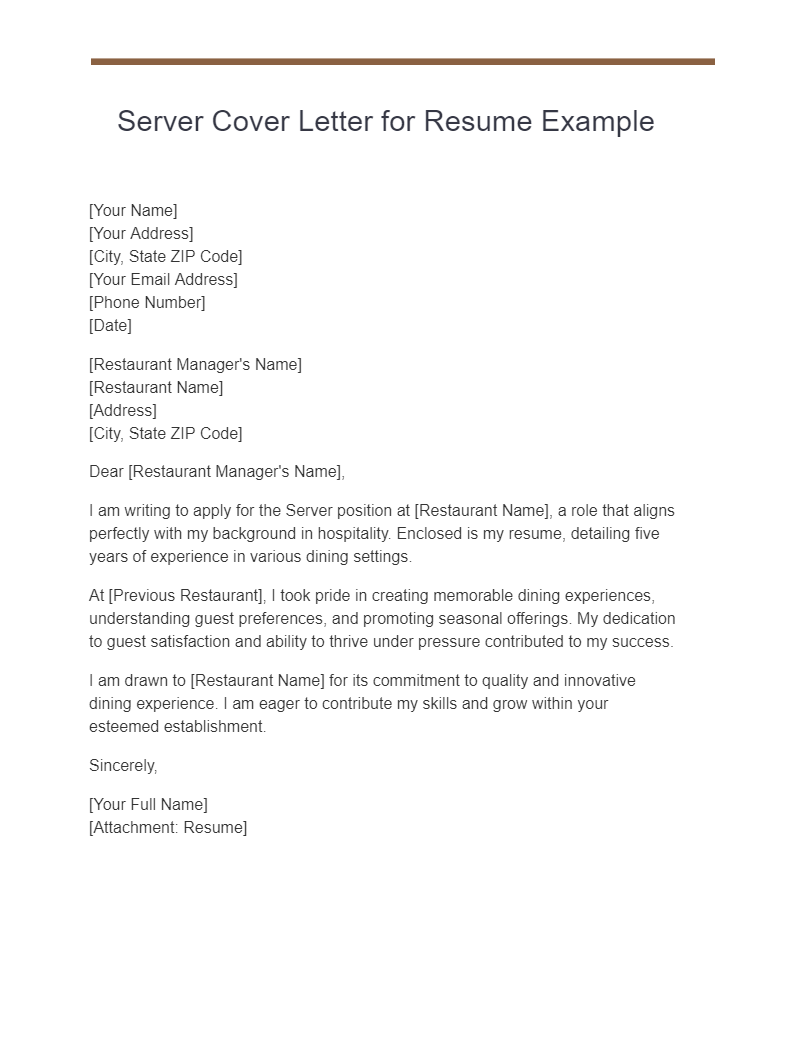 cover letter example for server job