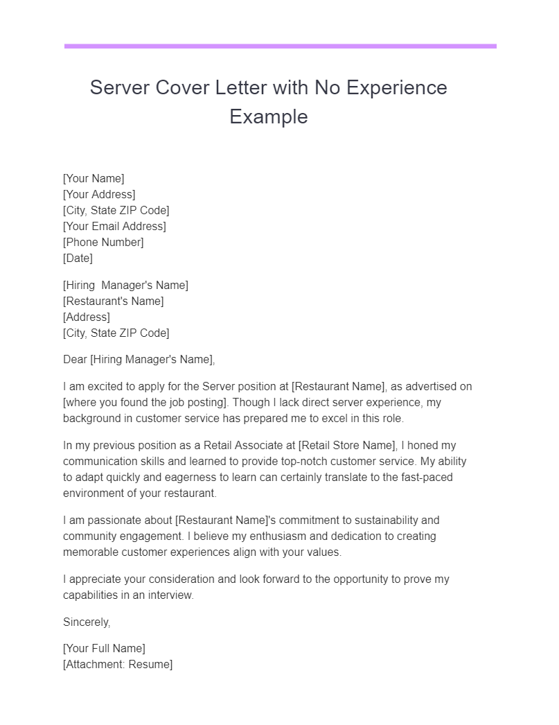 server cover letter with no experience example
