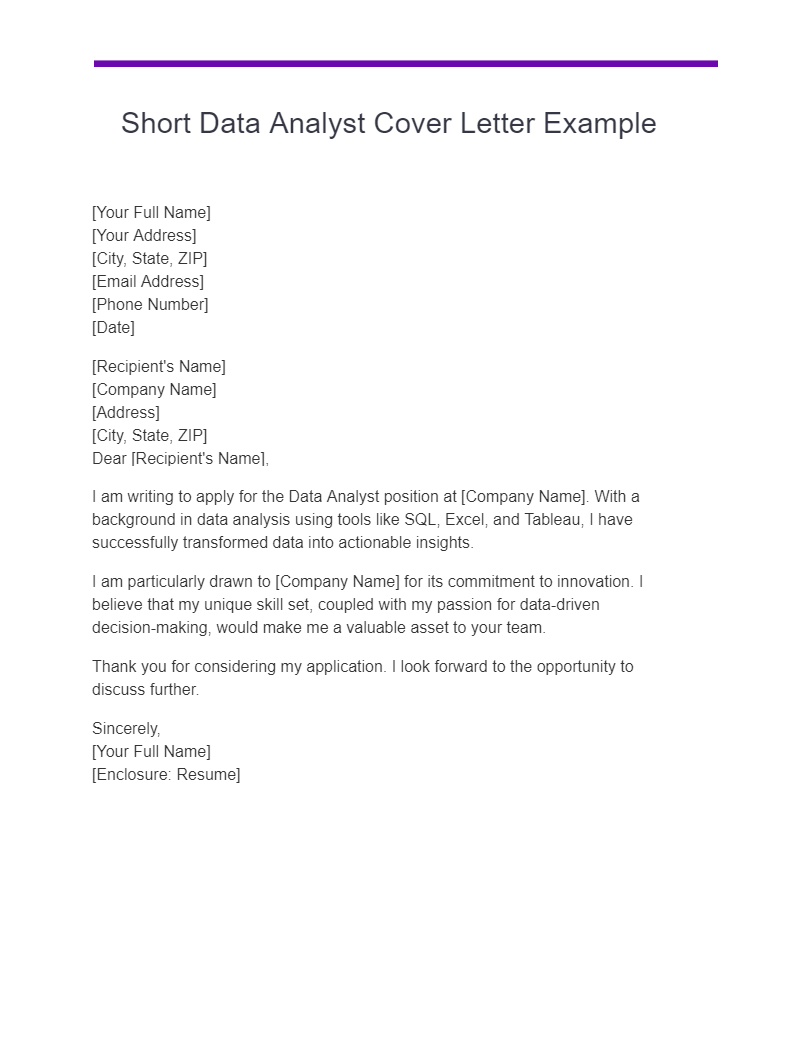 Short Data Analyst Cover Letter Example