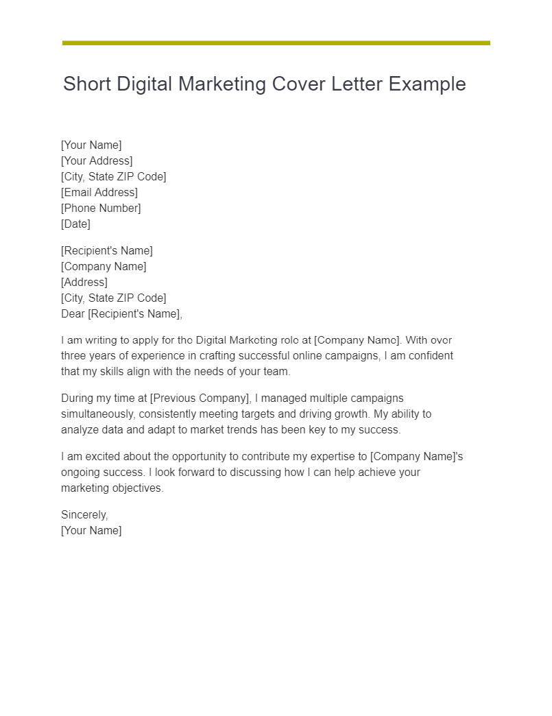 Short Digital Marketing Cover Letter Example