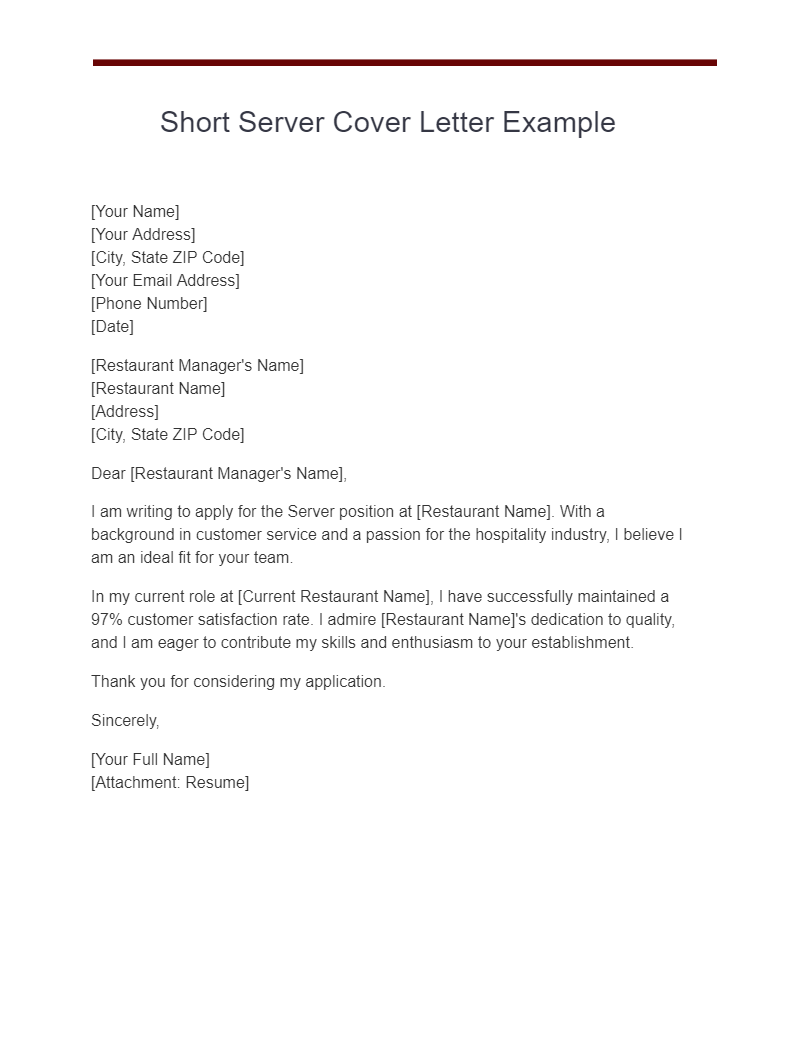 sample of cover letter for server