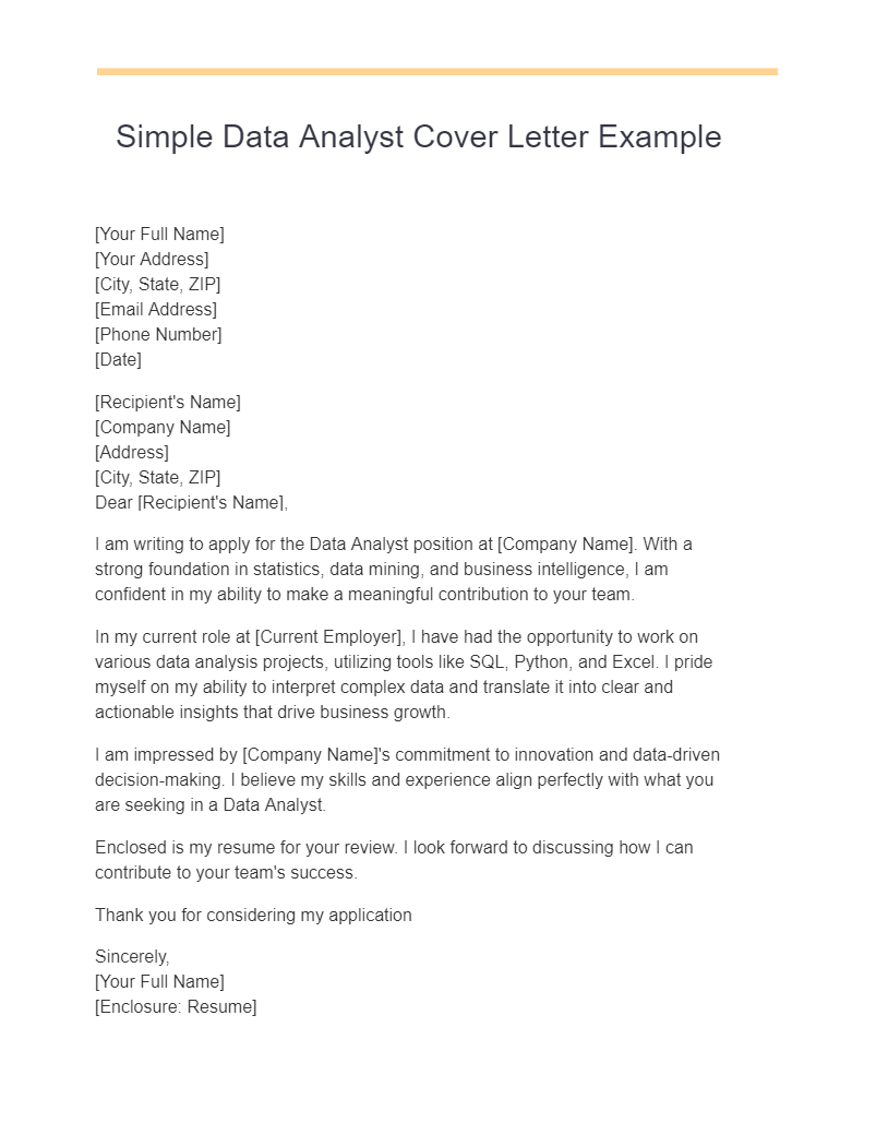 Simple Data Analyst Cover Letter Example