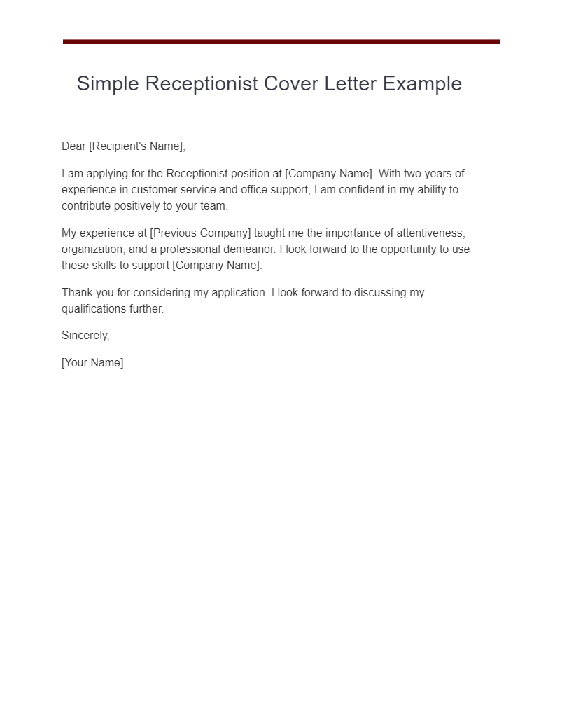 simple receptionist cover letter example