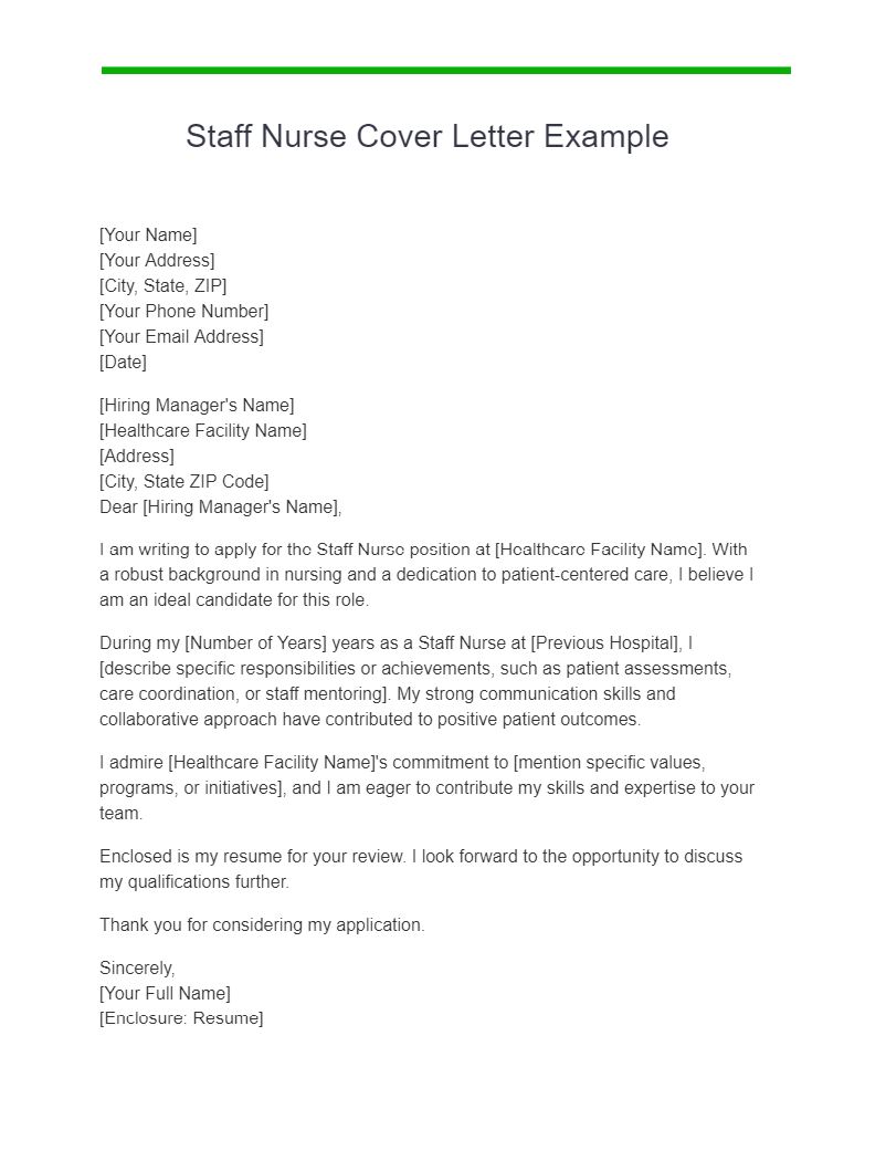 Staff Nurse Cover Letter Example
