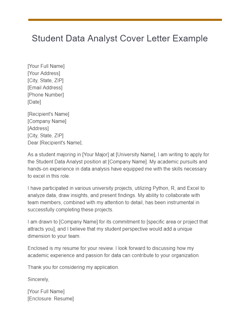 Student Data Analyst Cover Letter Example