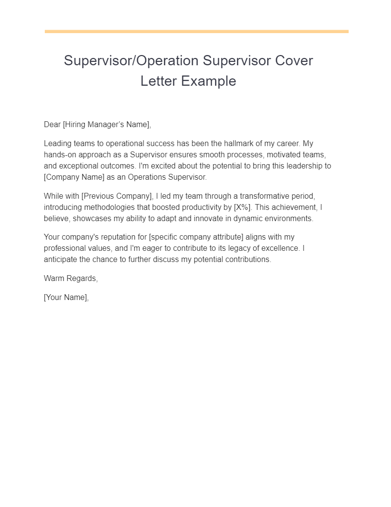 Supervisor Operation Supervisor Cover Letter Example