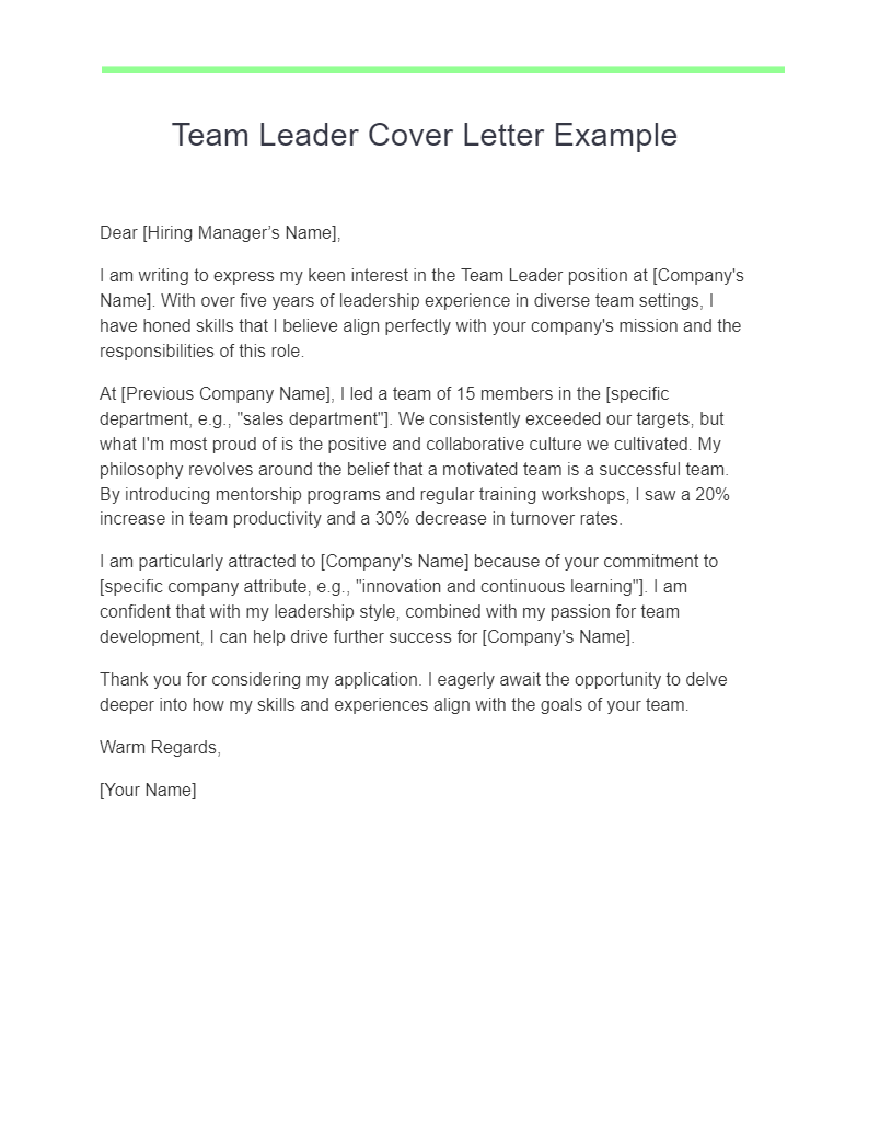 Team Leader Cover Letter Example