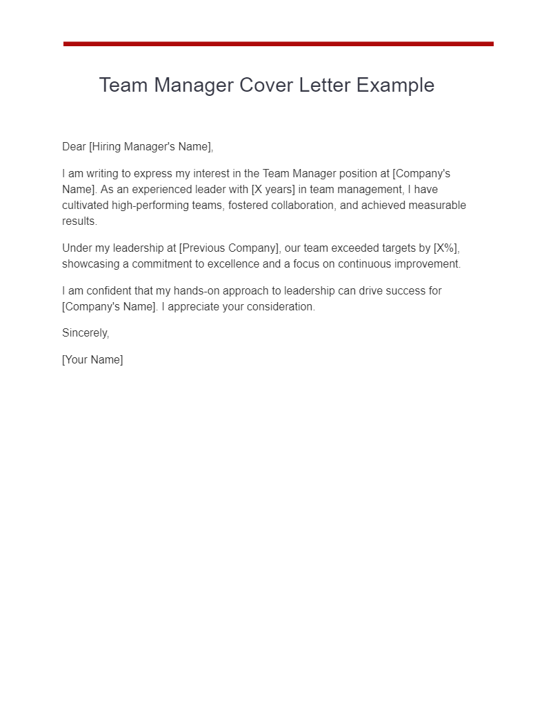 Team Manager Cover Letter Example