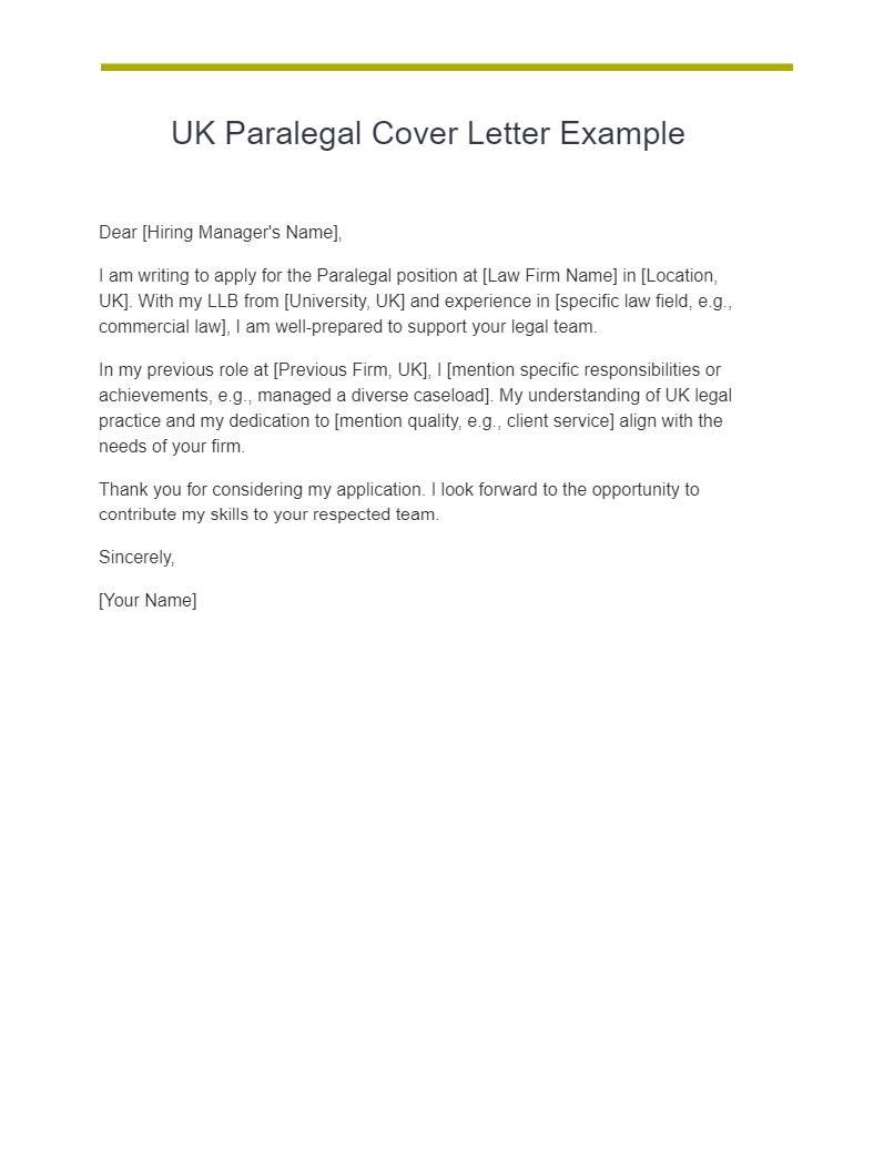 UK Paralegal Cover Letter Example