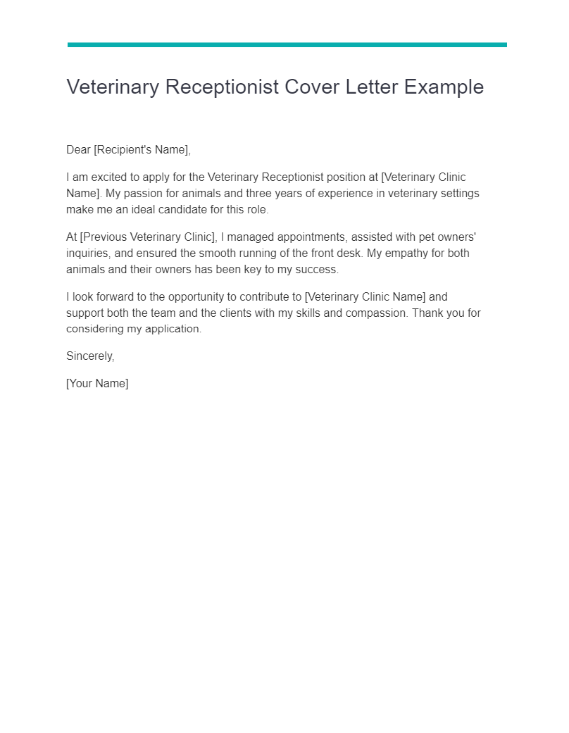 veterinary receptionist cover letter example