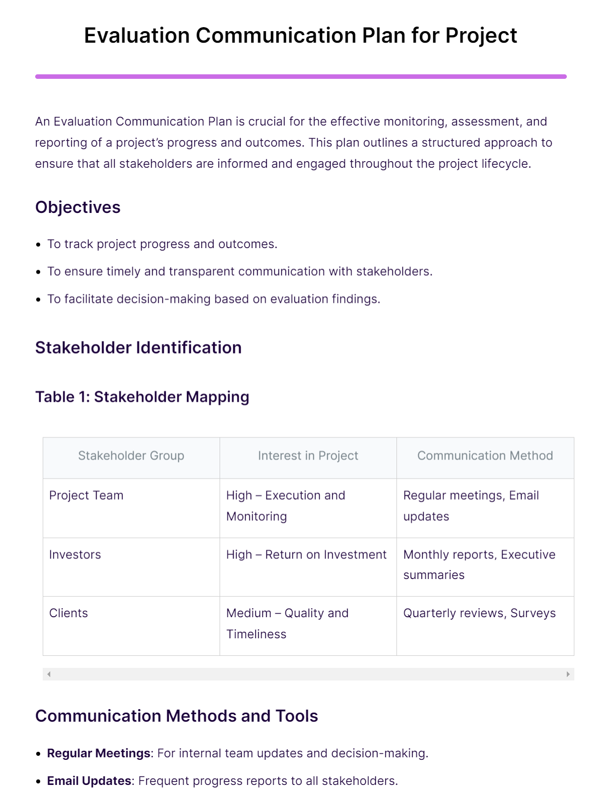 evaluation communication plan for project
