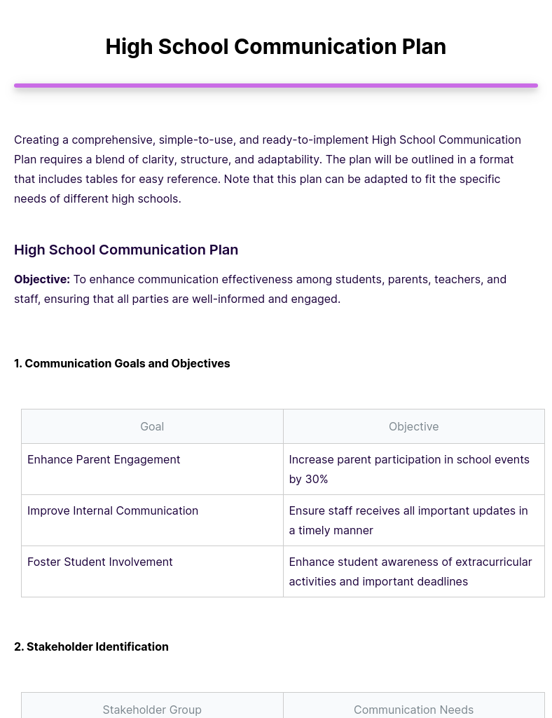high school communication plan