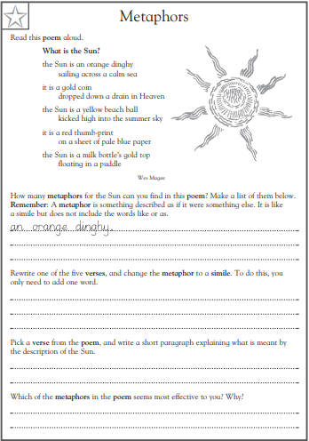 metaphor poems for grade 7 worksheets