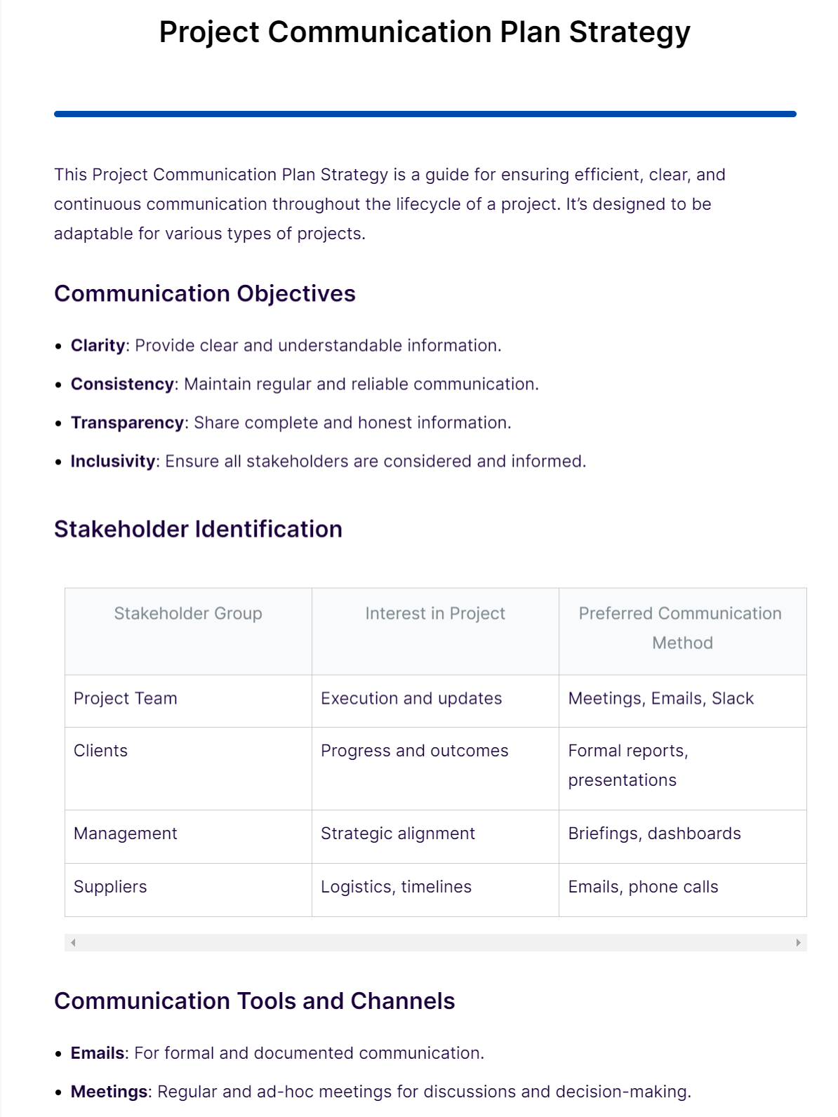 project communication plan strategy template