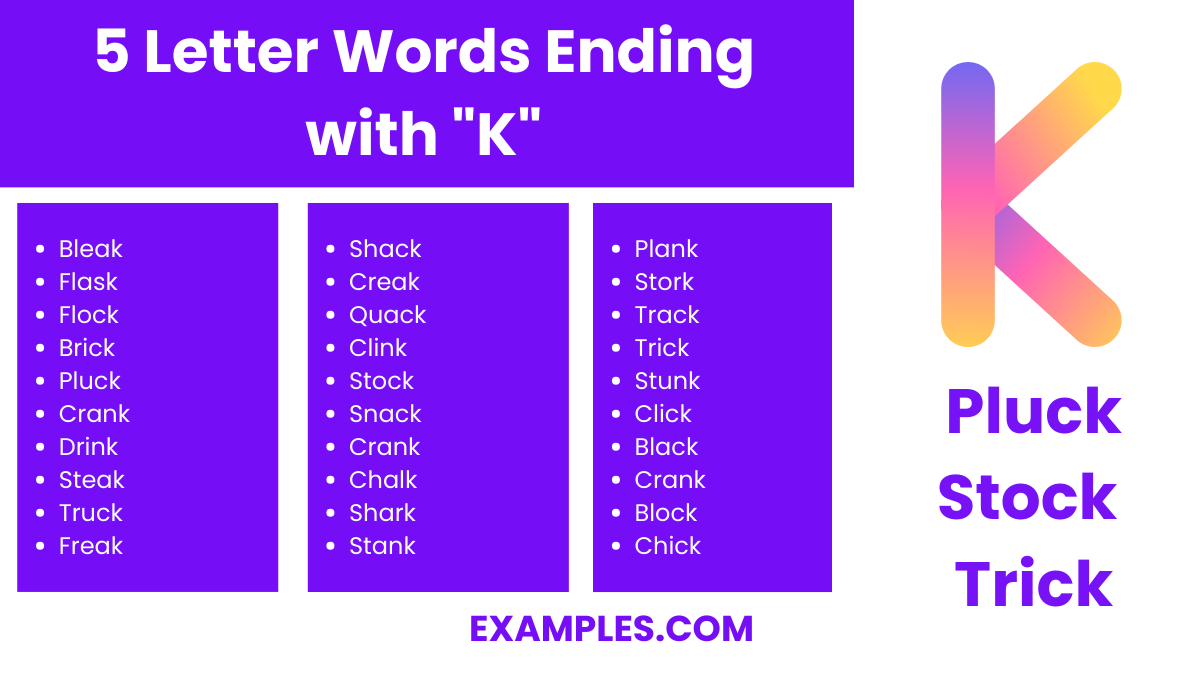 5 letter words ending with k
