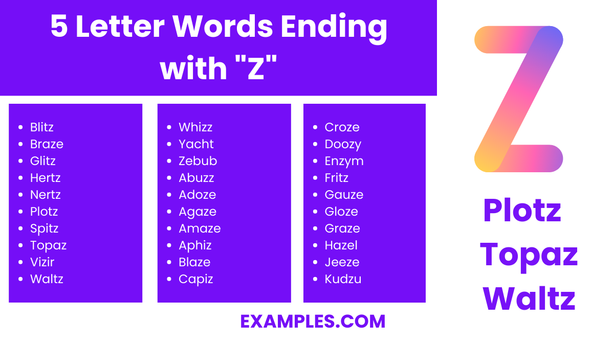 5 letter words ending with z