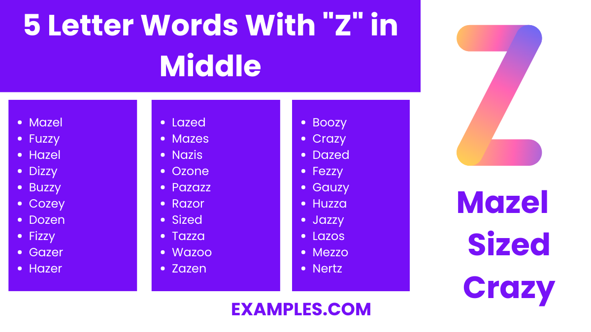 5 letter words with z in middle