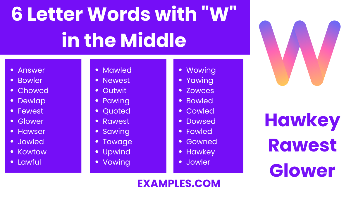 6 letter words with w in the middle