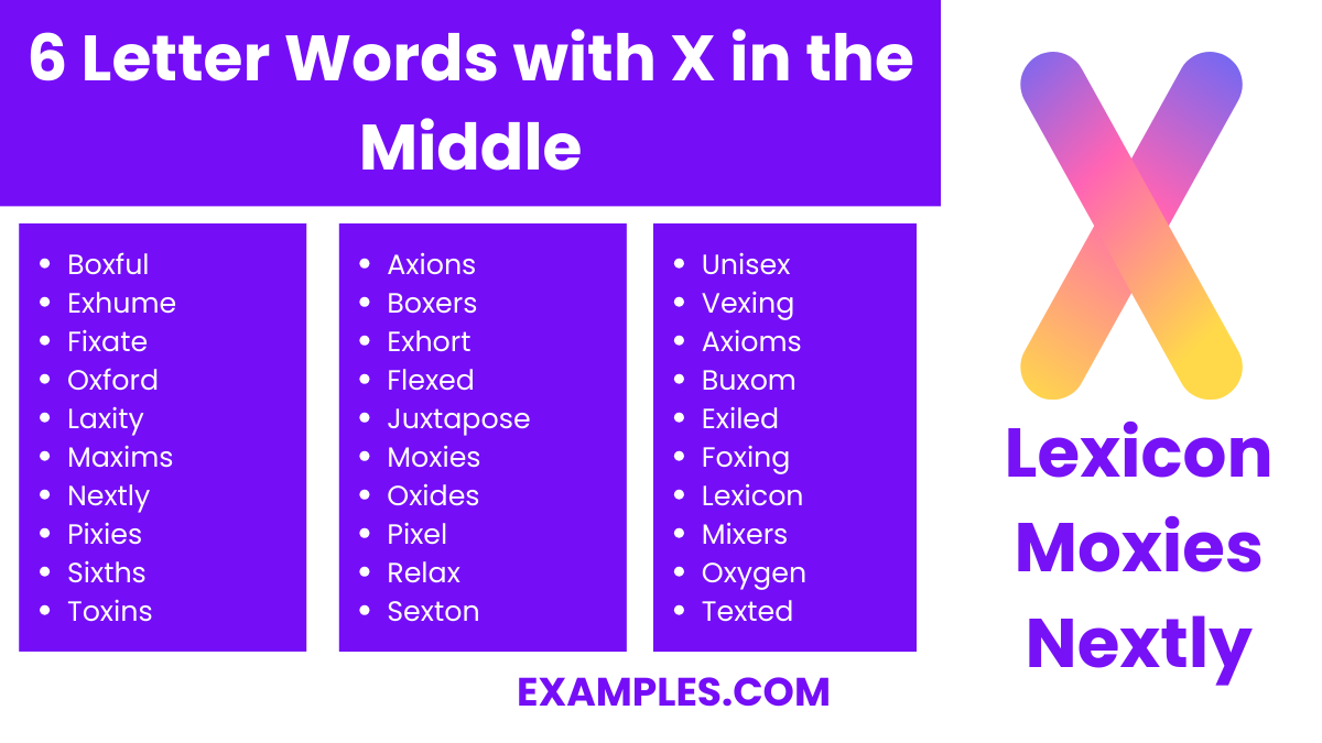 6 letter words with x in the middle