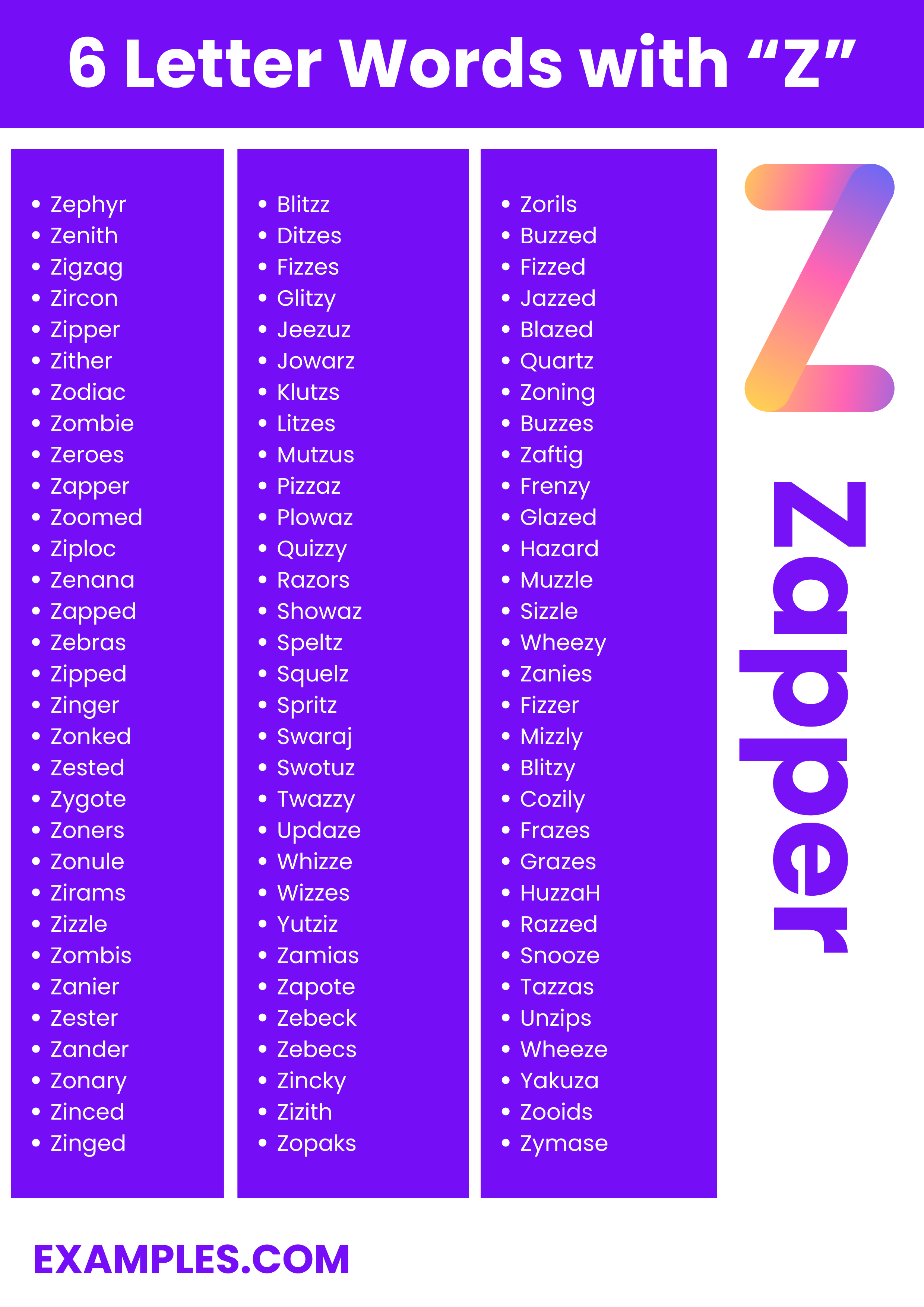 6 letter words with z 1