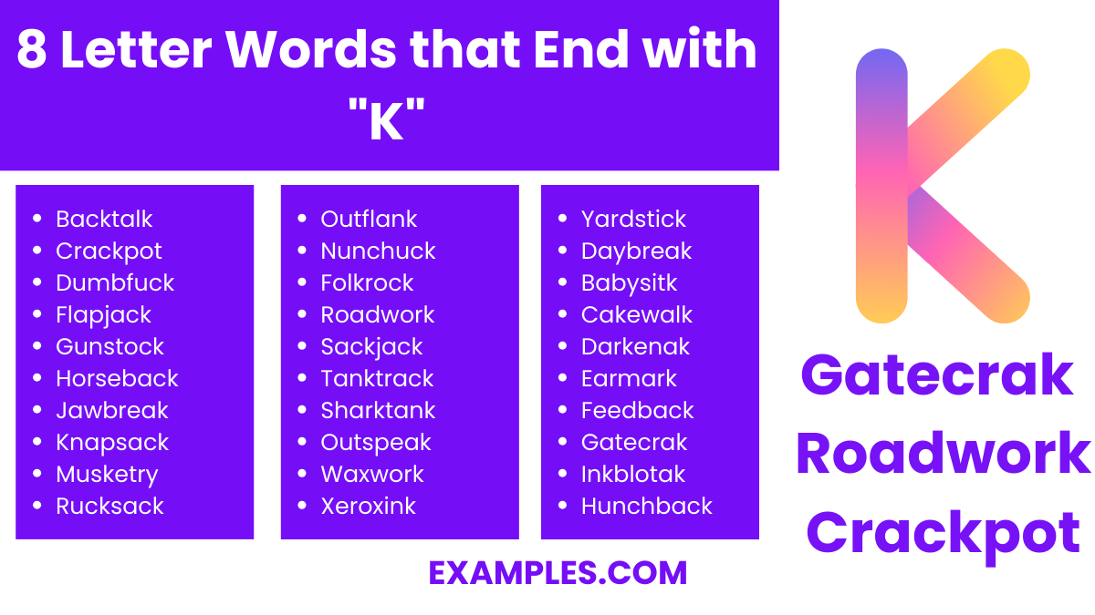 8 letter words that end with k