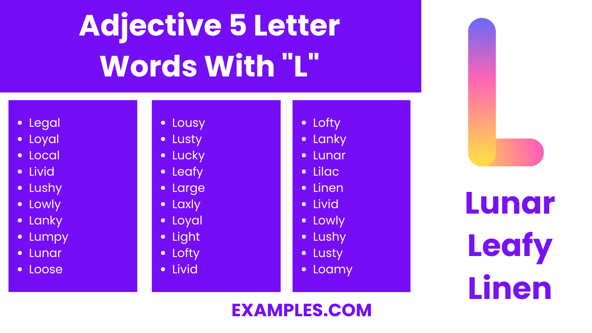 adjective 5 letter words with l