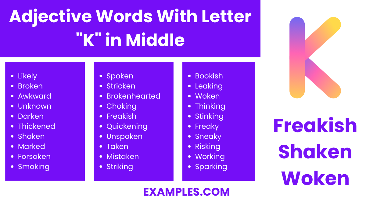 adjective word with letter k in middle