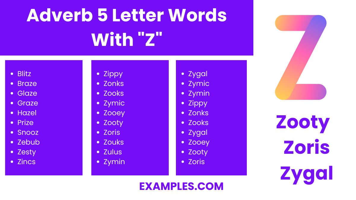 adverb 5 letter words with z