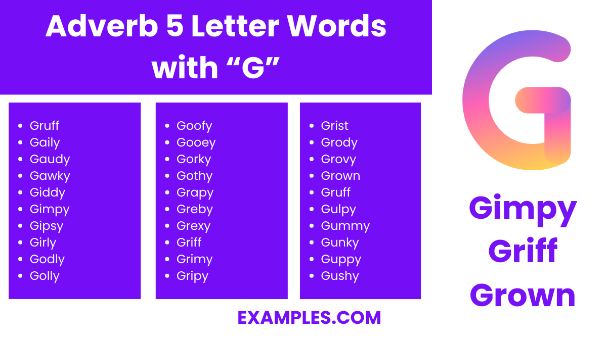 adverb 5 letter words with g