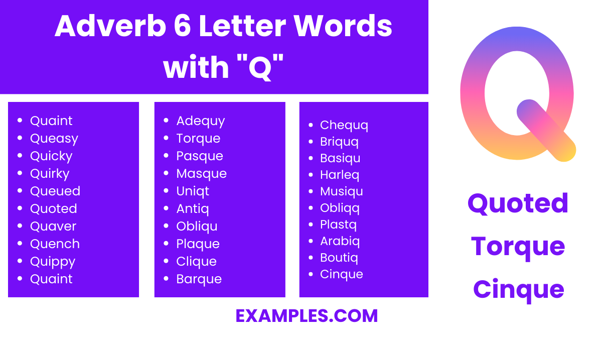 adverb 6 letter words with q