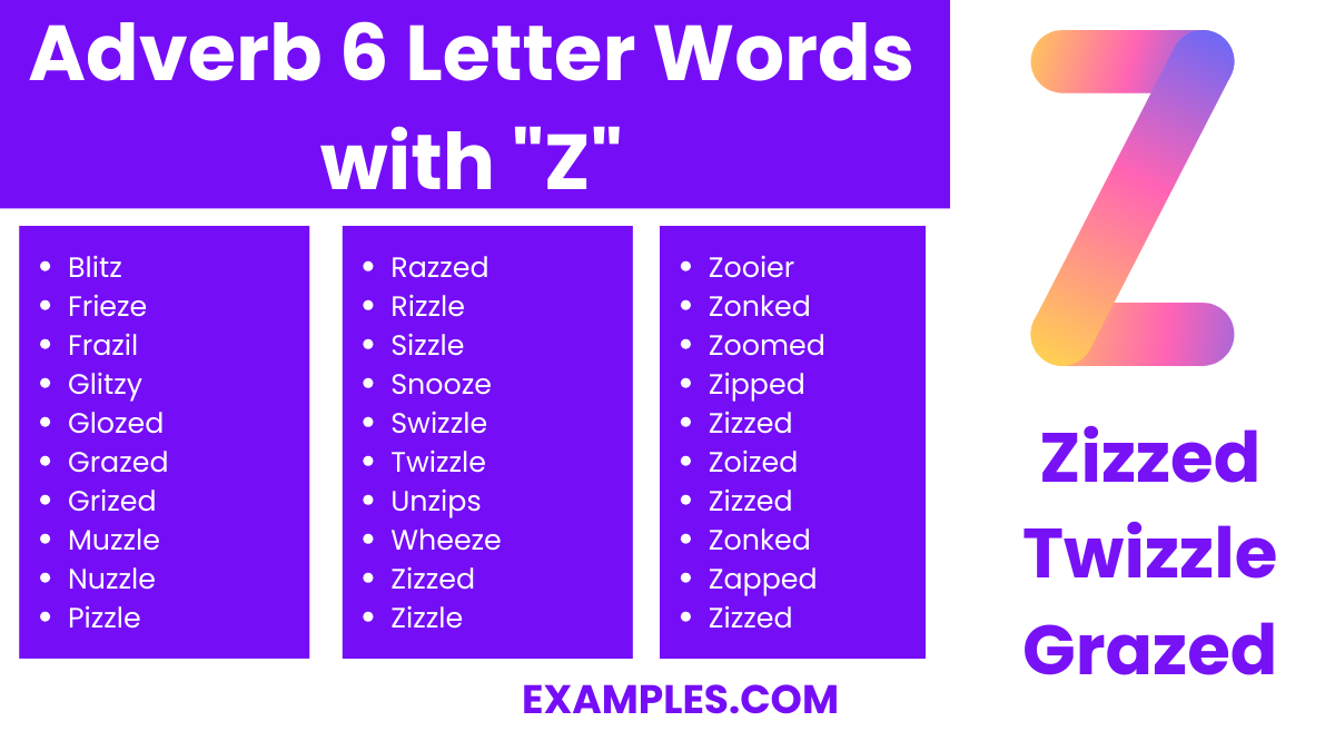 adverb 6 letter words with z