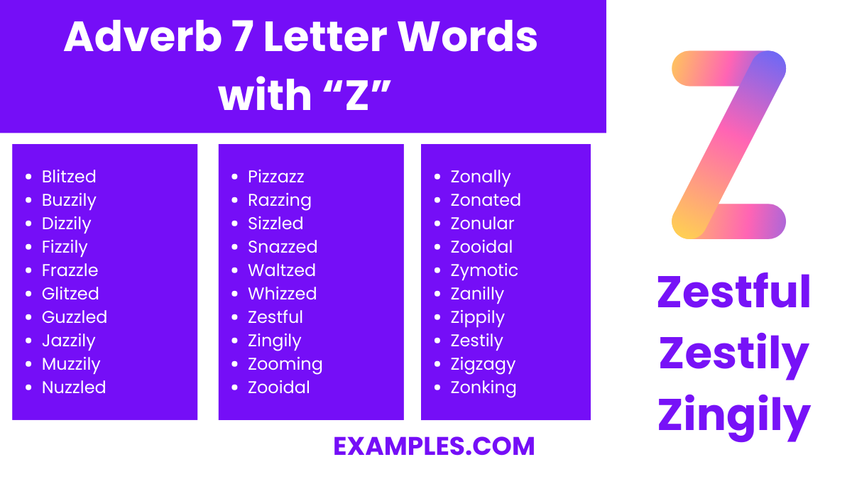 adverb 7 letter words with z