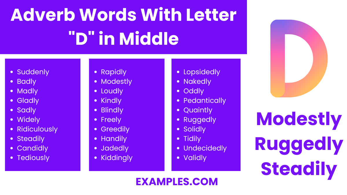 adverb words with letter d in middle