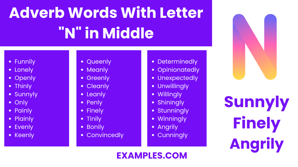 adverb words with letter n in middle