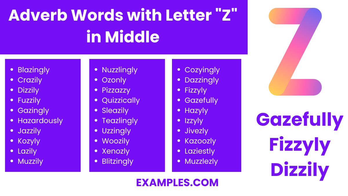 adverb words with letter z in middle
