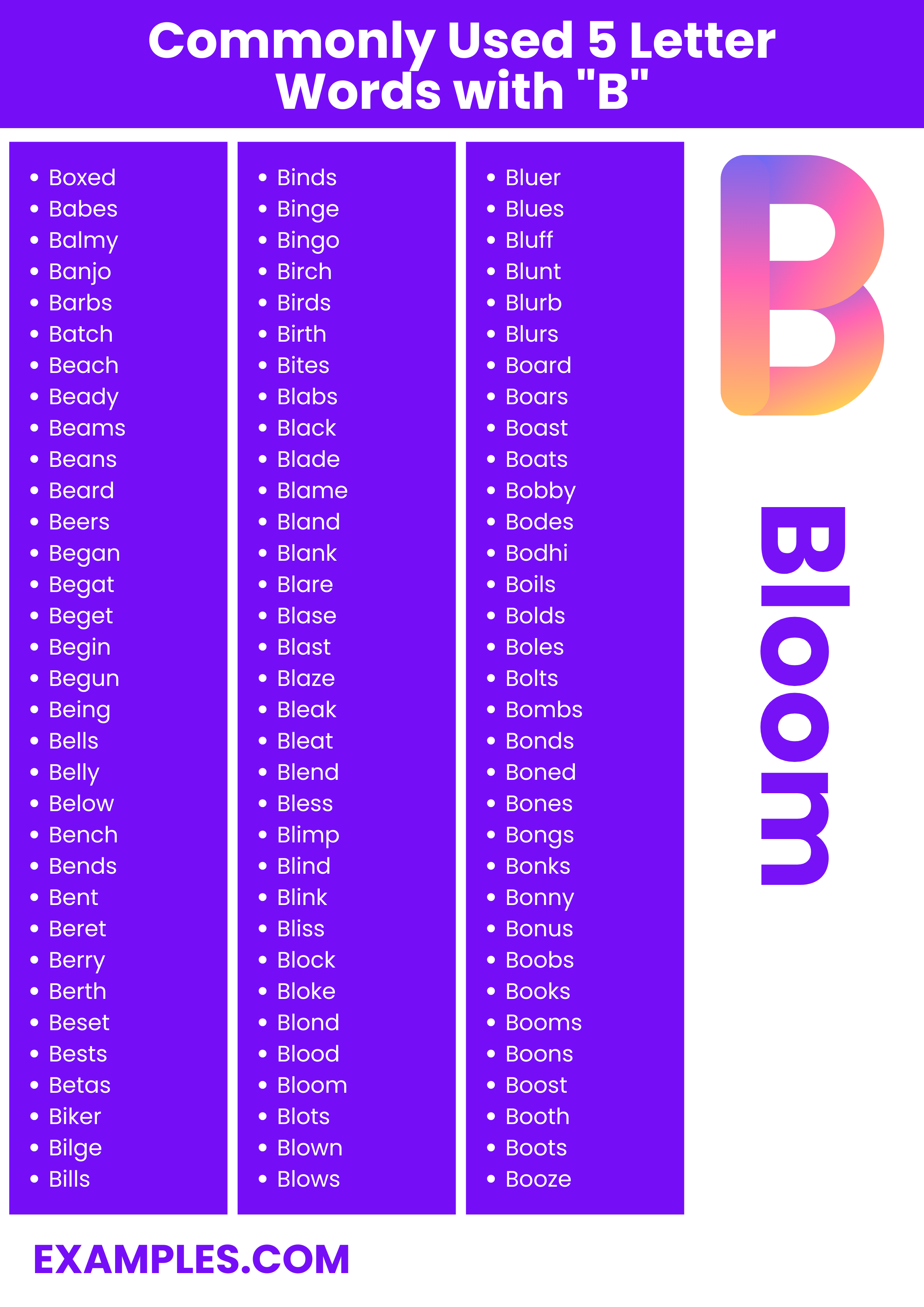 commonly used 5 letters word with b