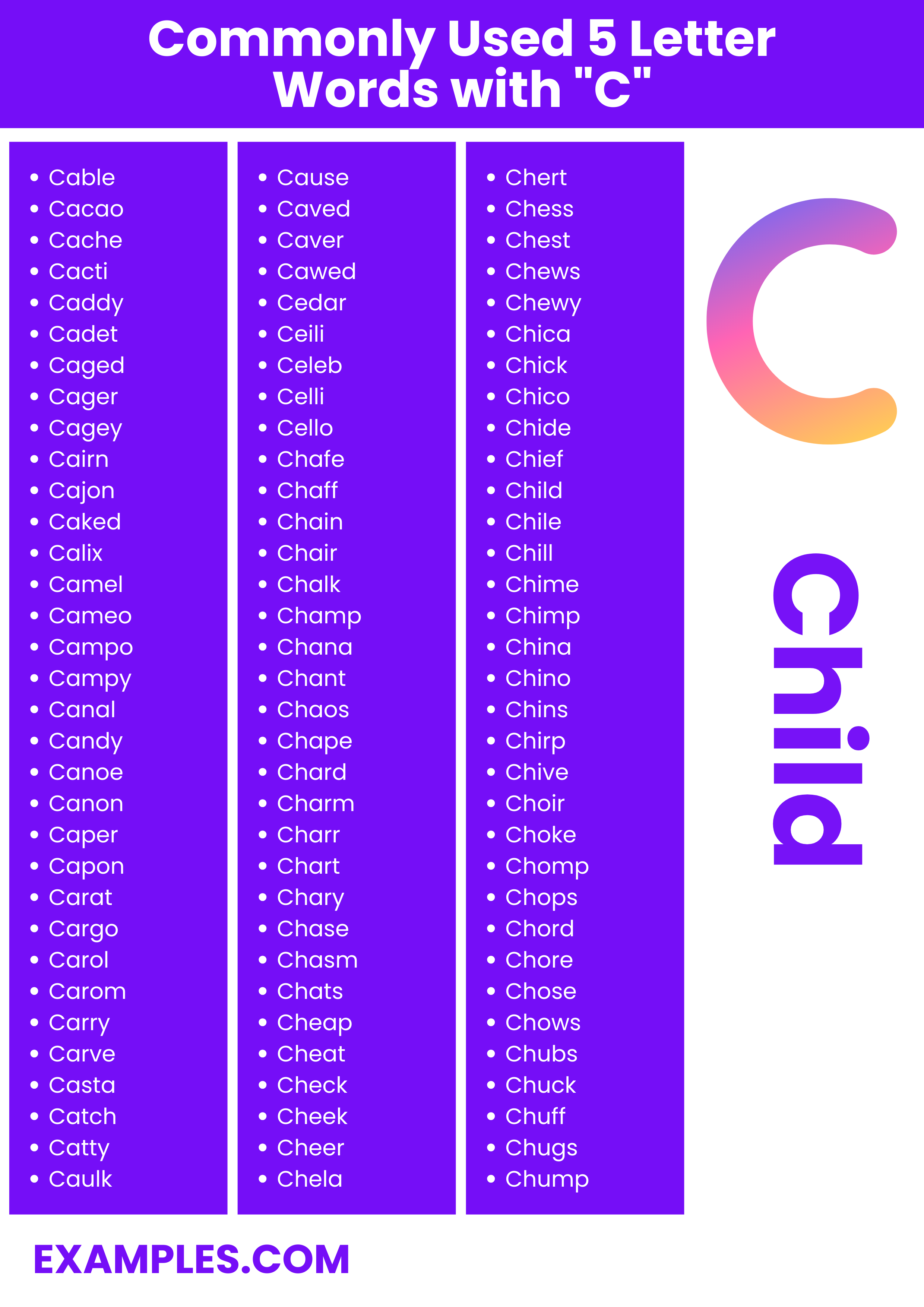 commonly used 5 letters words with c