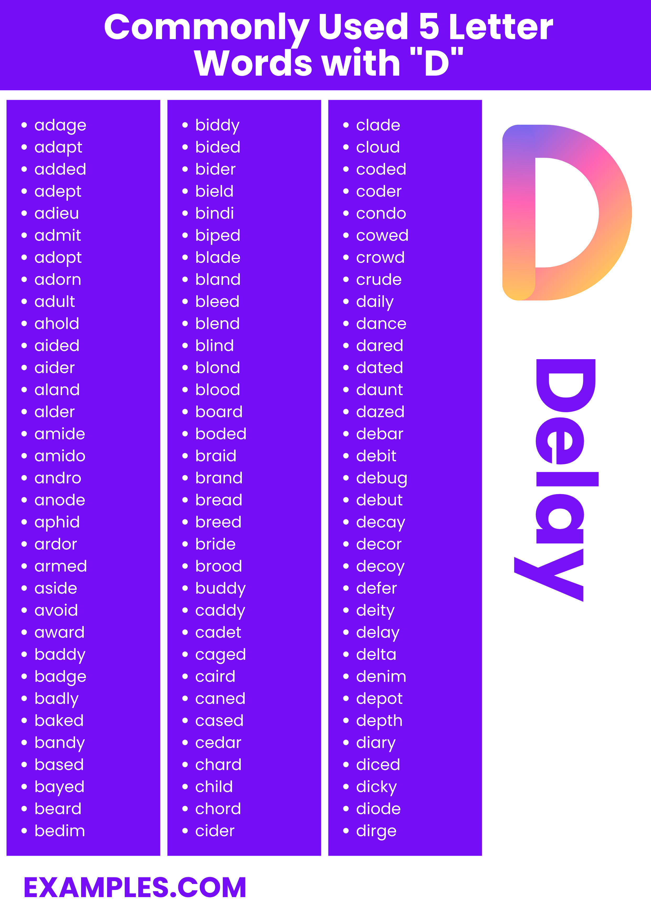 commonly used 5 letters words with d