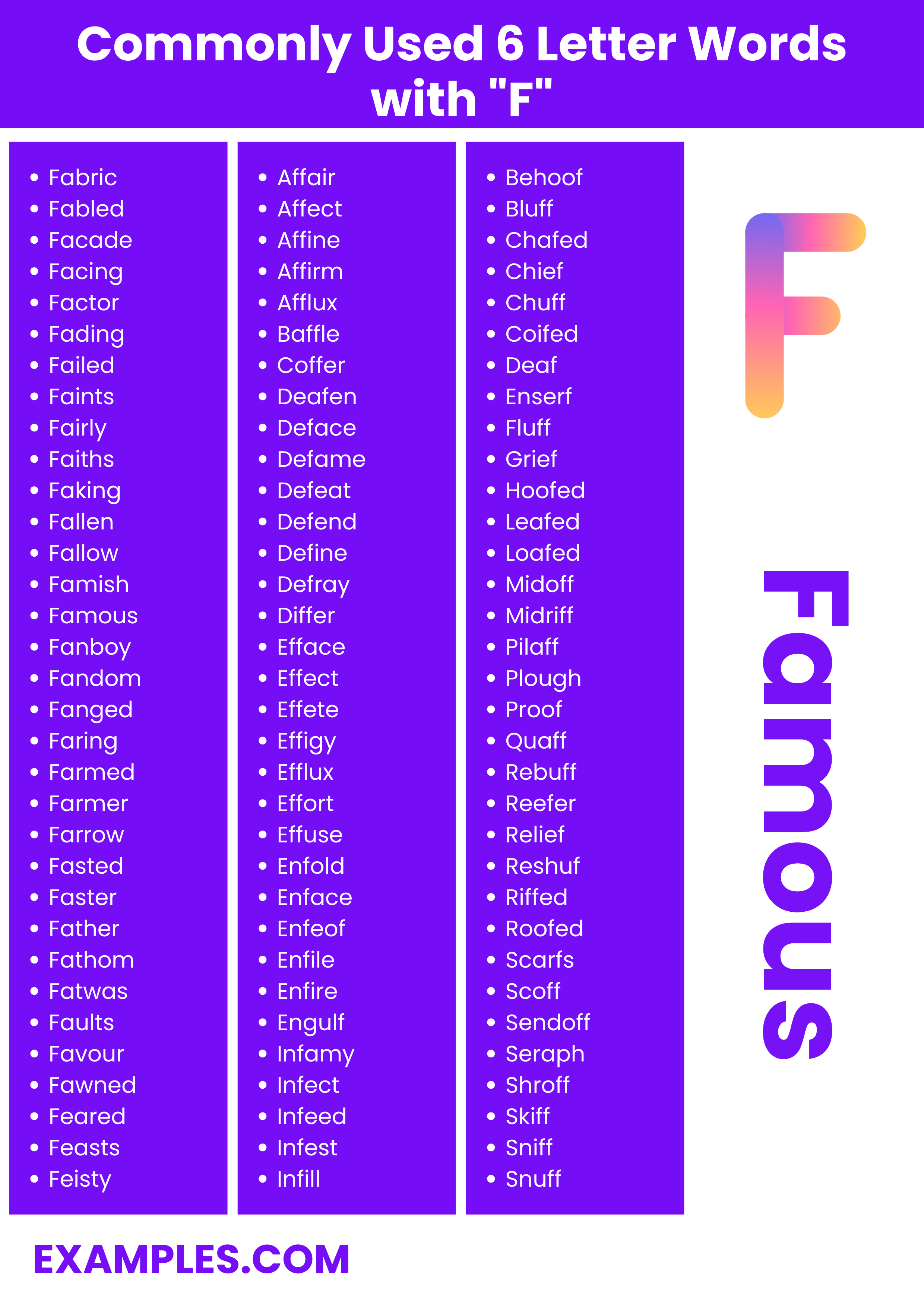 commonly used 6 letter word with f