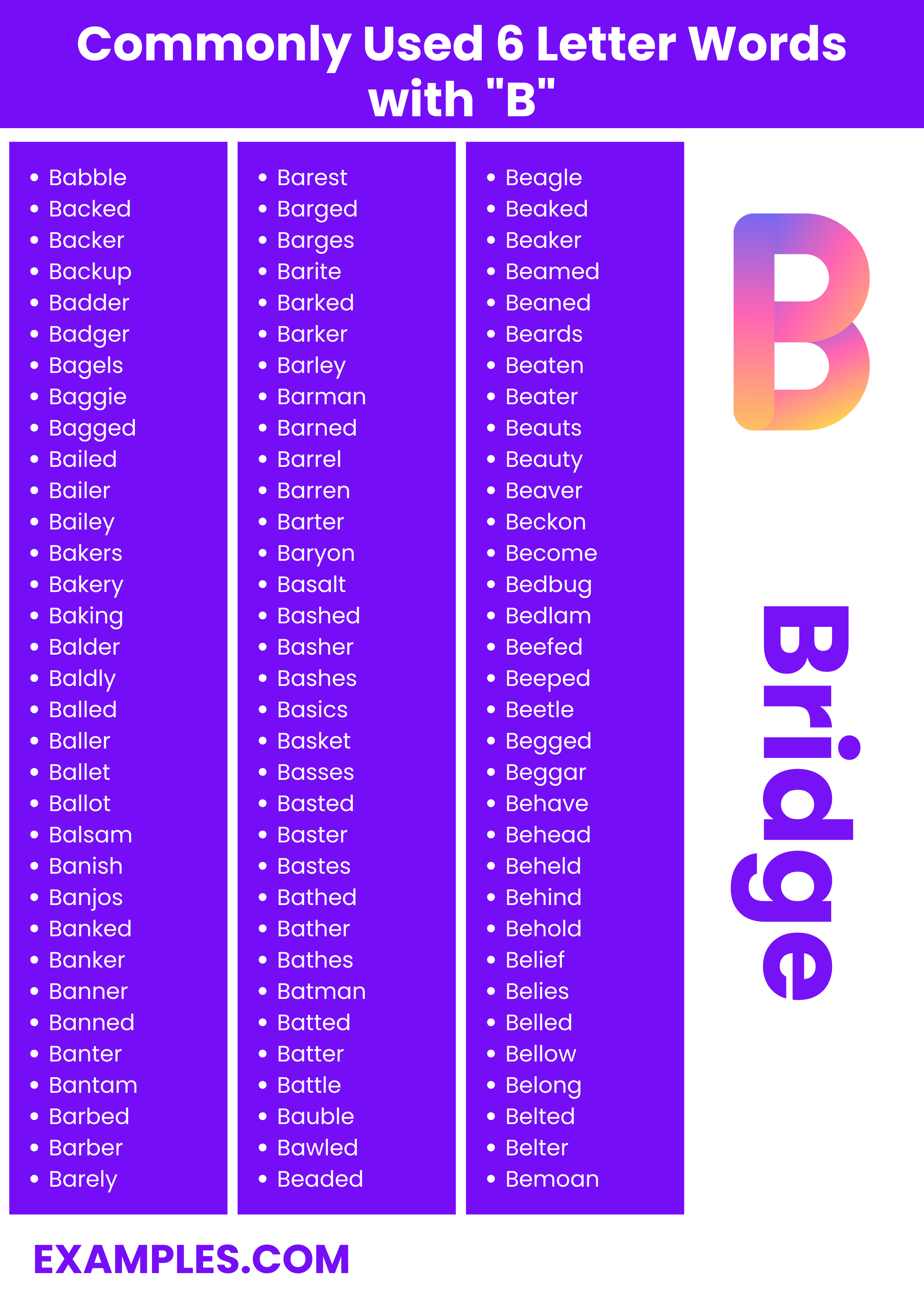commonly used 6 letter words with b