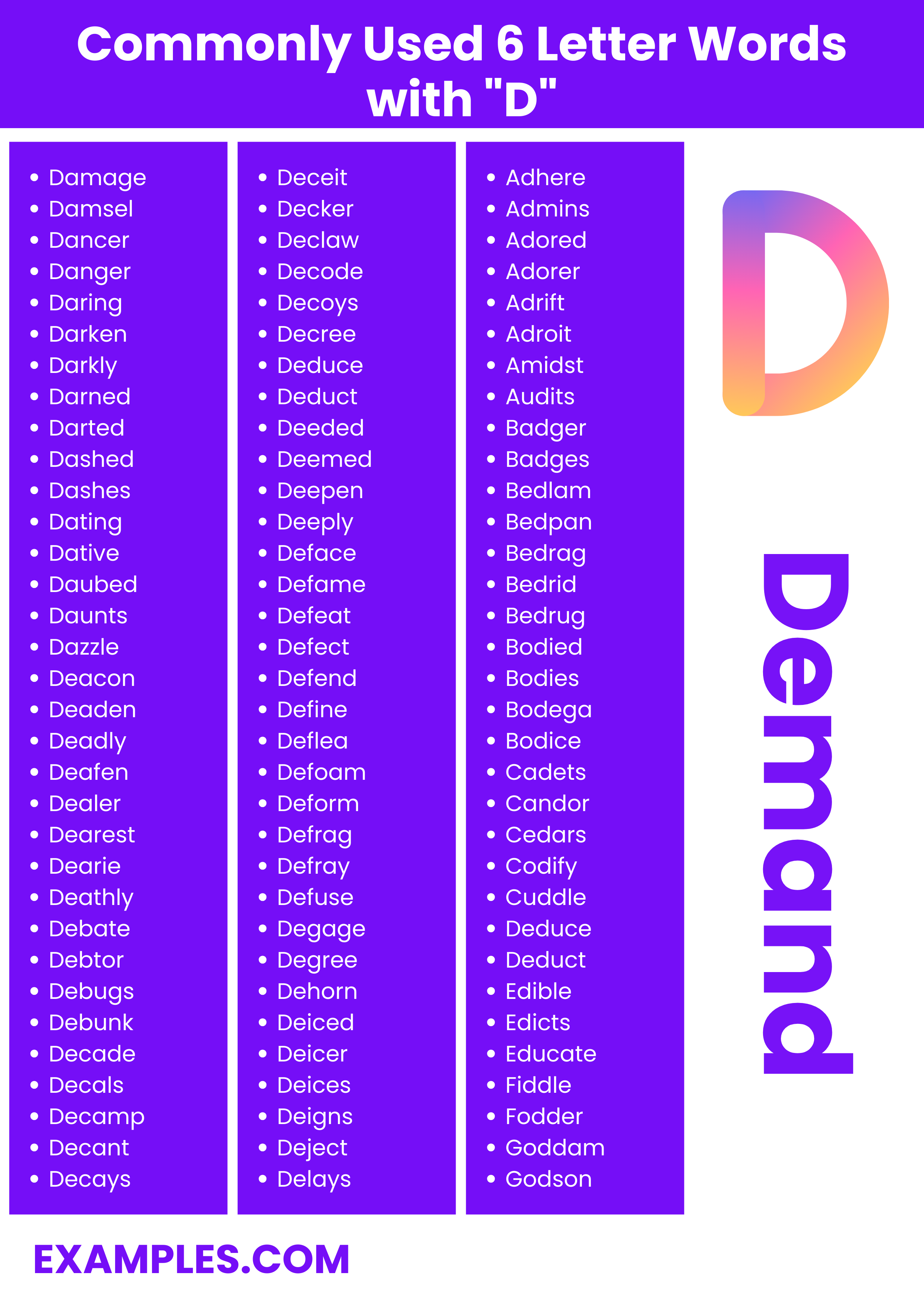 commonly used 6 letter words with d