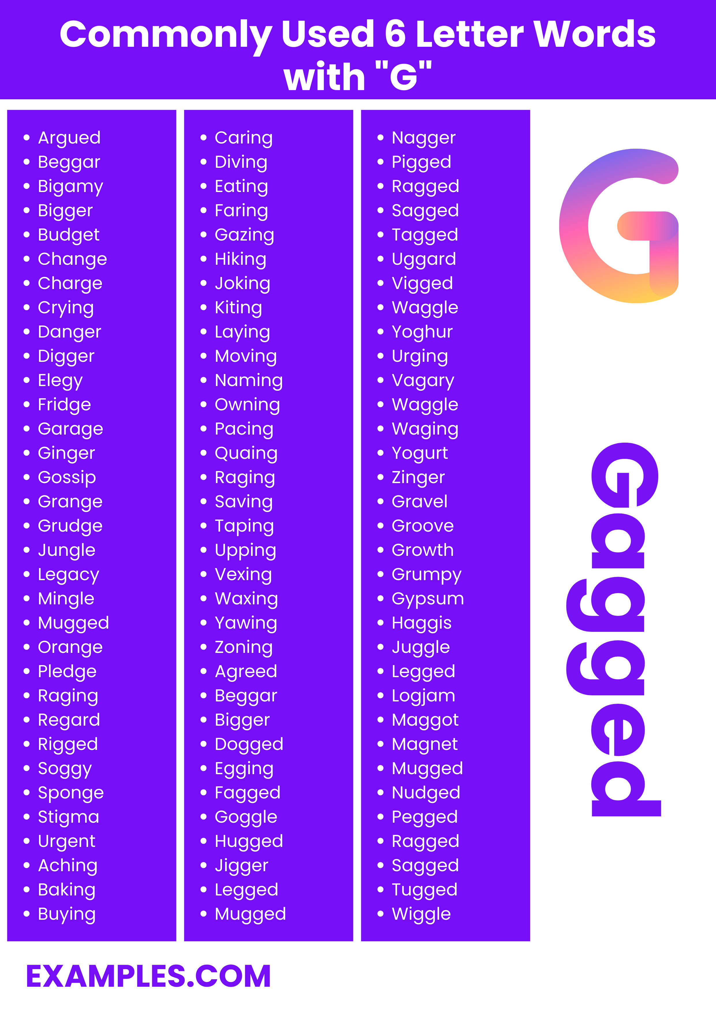 commonly used 6 letter words with g