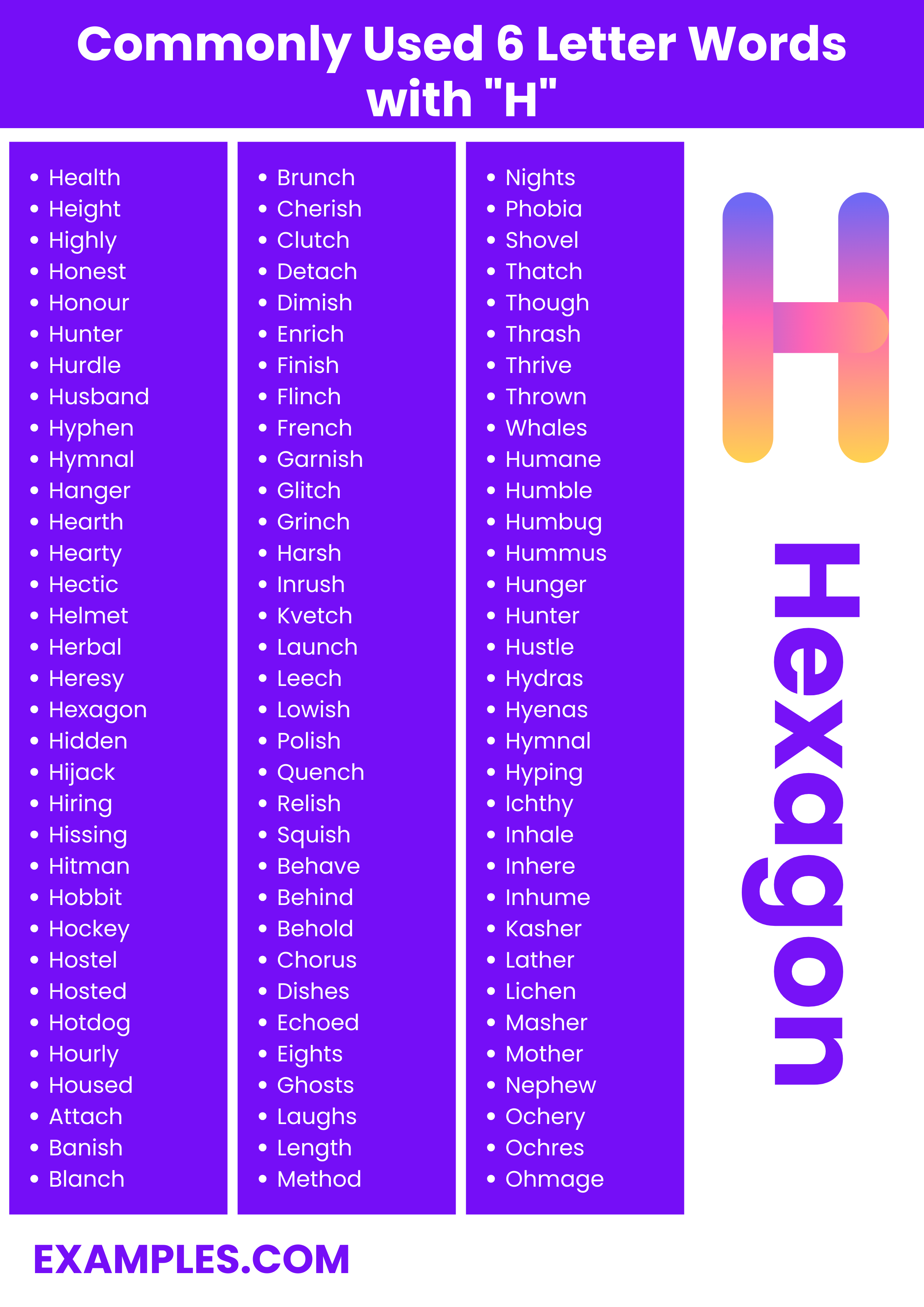 commonly used 6 letter words with h