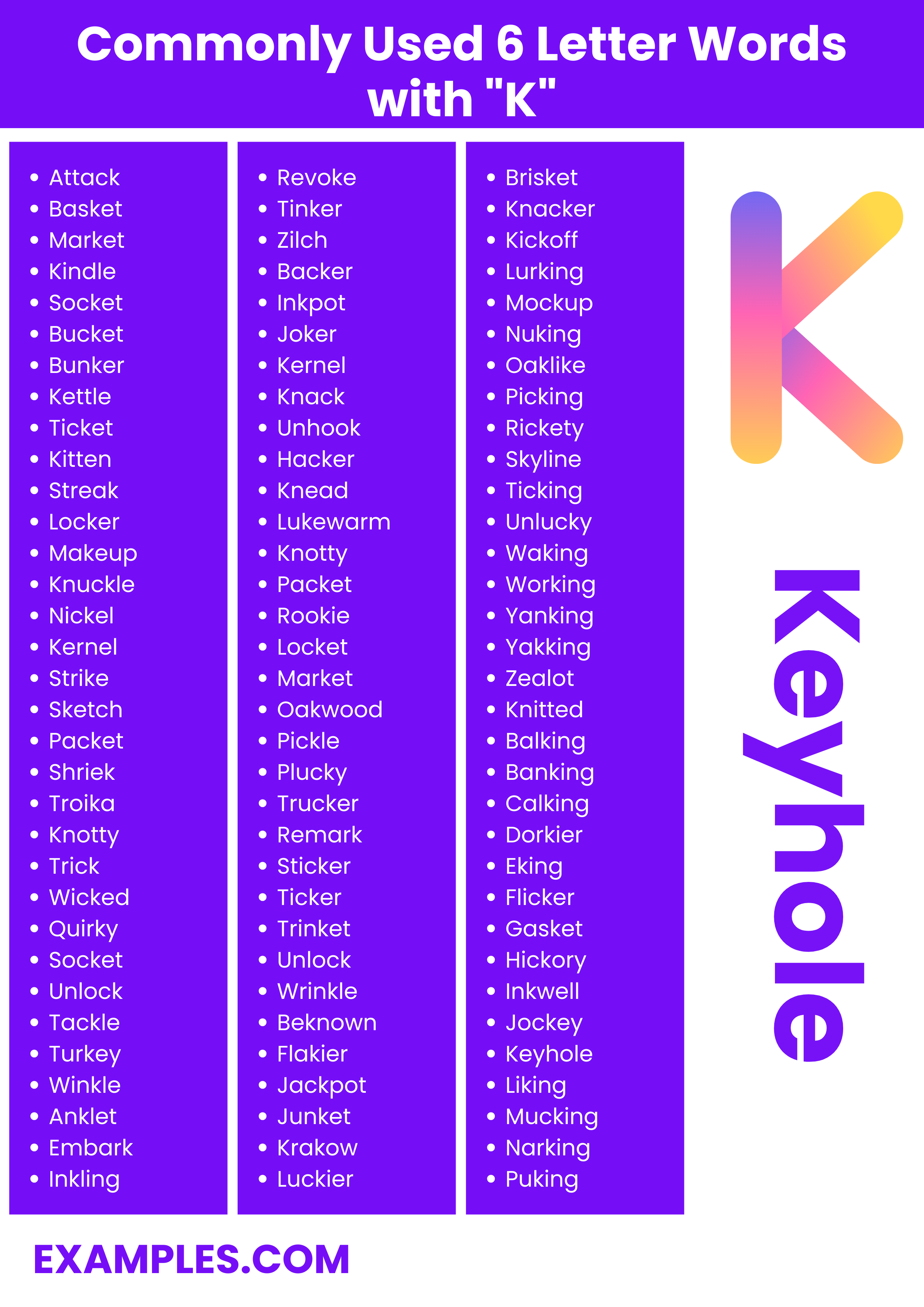 commonly used 6 letter words with k