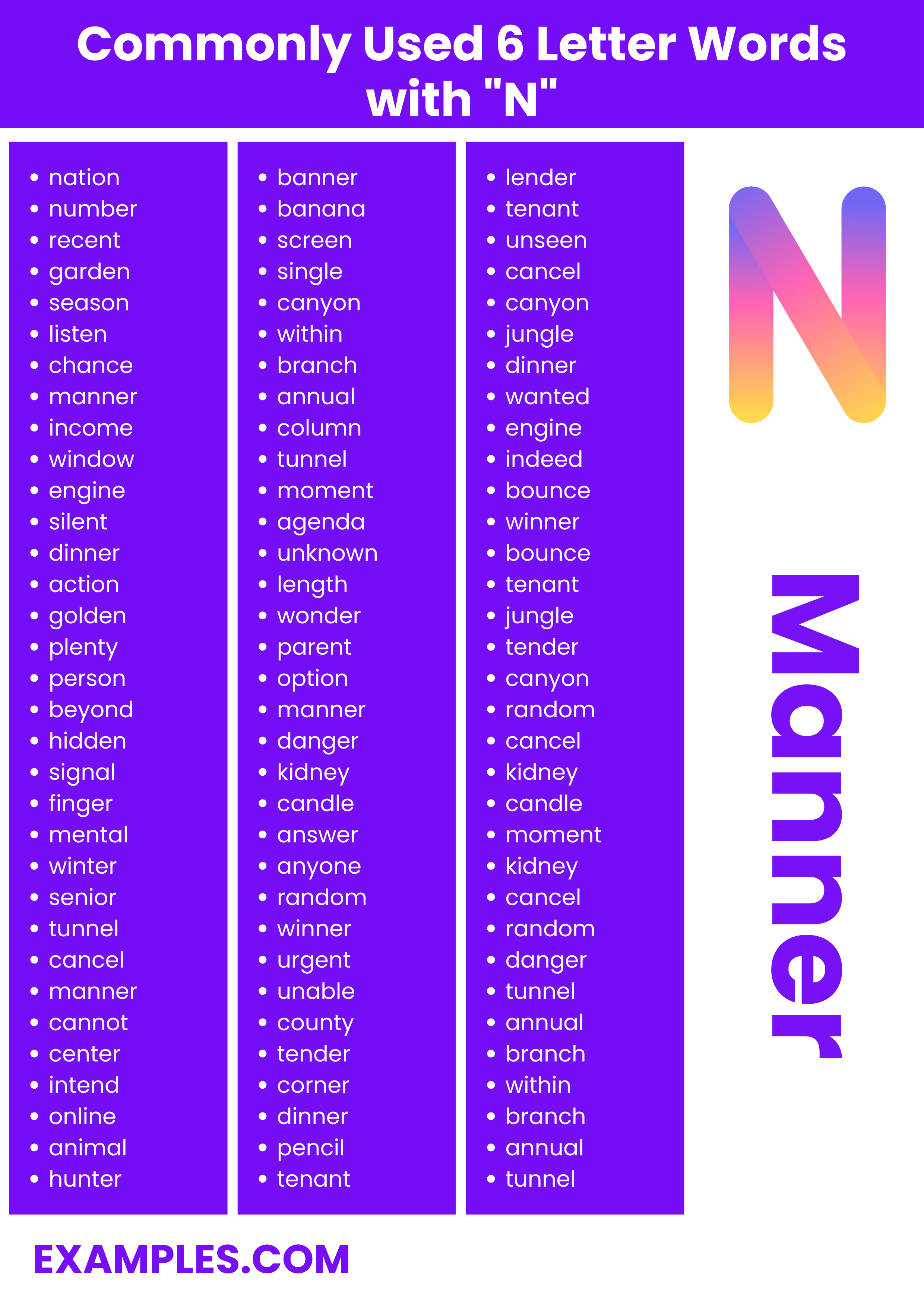 commonly used 6 letter words with n
