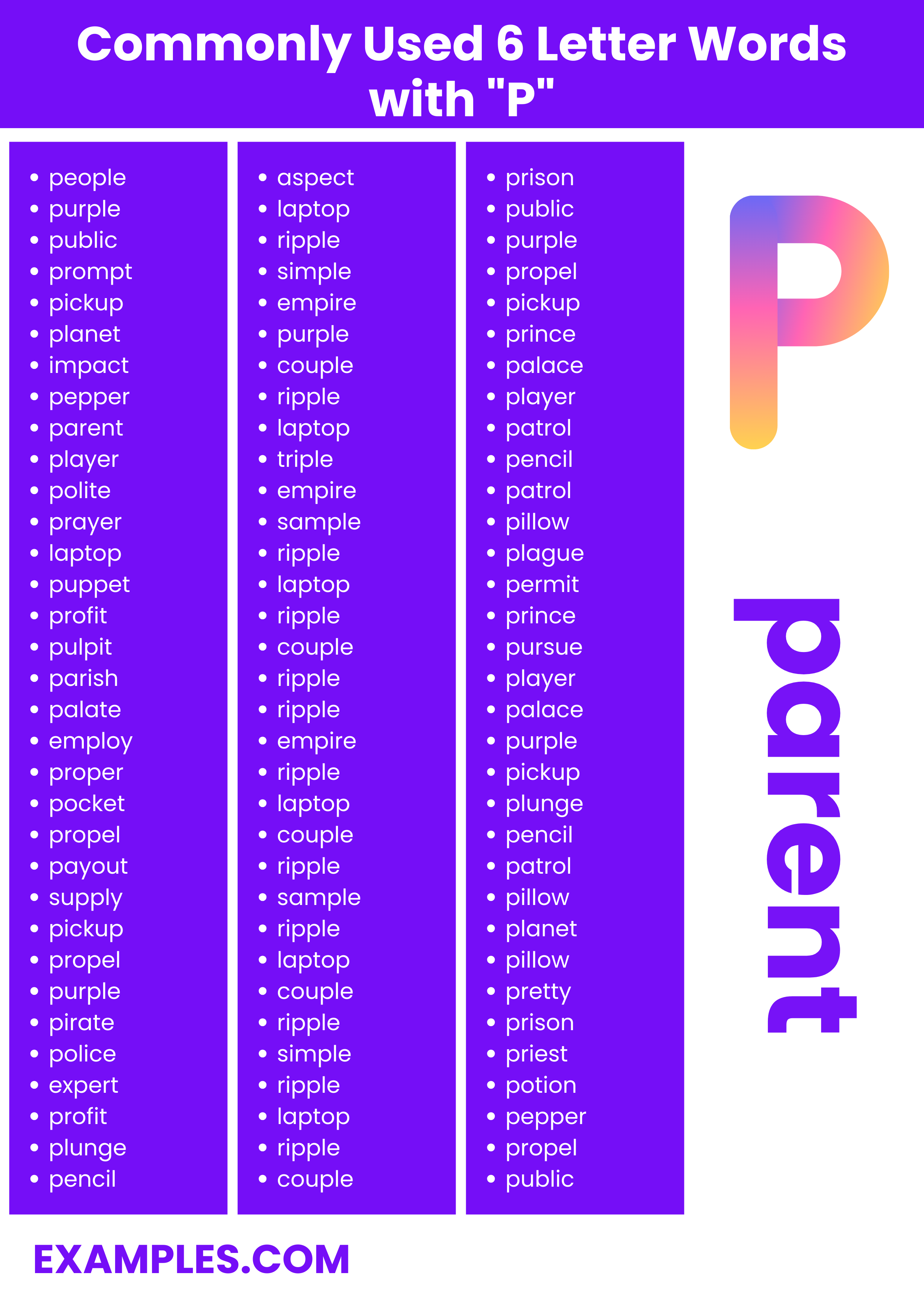 commonly used 6 letter words with p