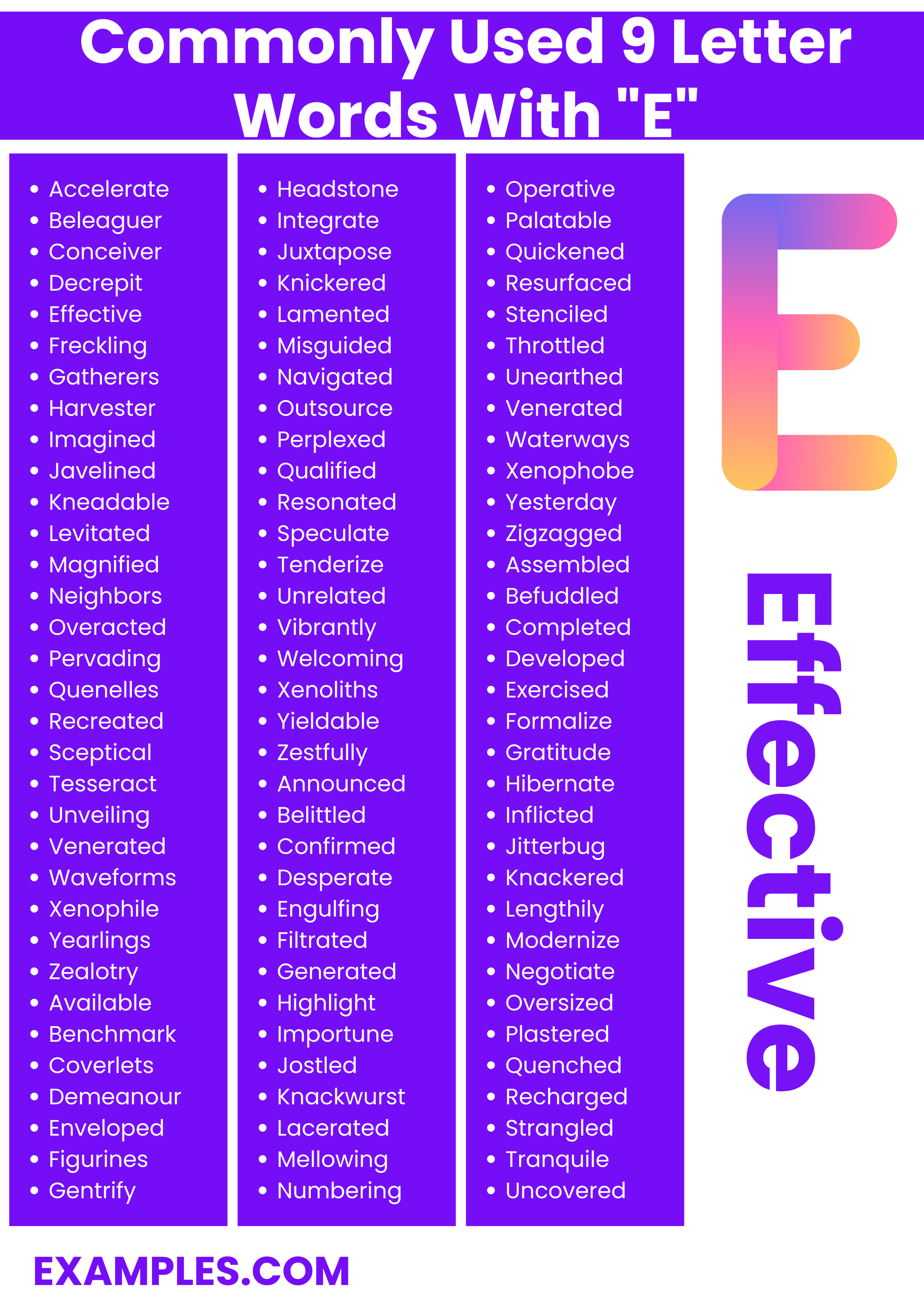 commonly used 9 letter words with e
